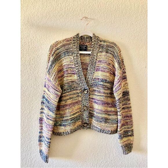 Abercrombie & Fitch Yellow Blue Marl Knit Crop Boxy Women's Size Medium Cardigan - Picture 1 of 7